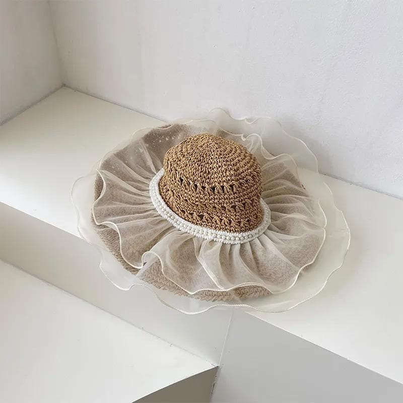 Lace Large Brim Straw Hat Women's Summer Vacation Beach Sun Hat One Size khaki