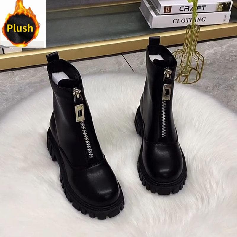 Women's Shoes Autumn and Winter Fleece Thickened Warm Boots Thick-soled Leather Shoes All-match Fashion 38 cool black