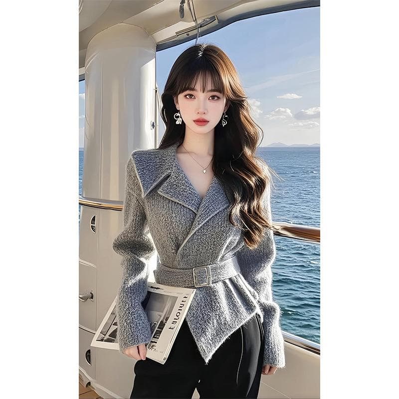 Winter Celebrity High-end Small Fragrant Style Thin Top Good-looking Temperament Waist Gray Coat XL