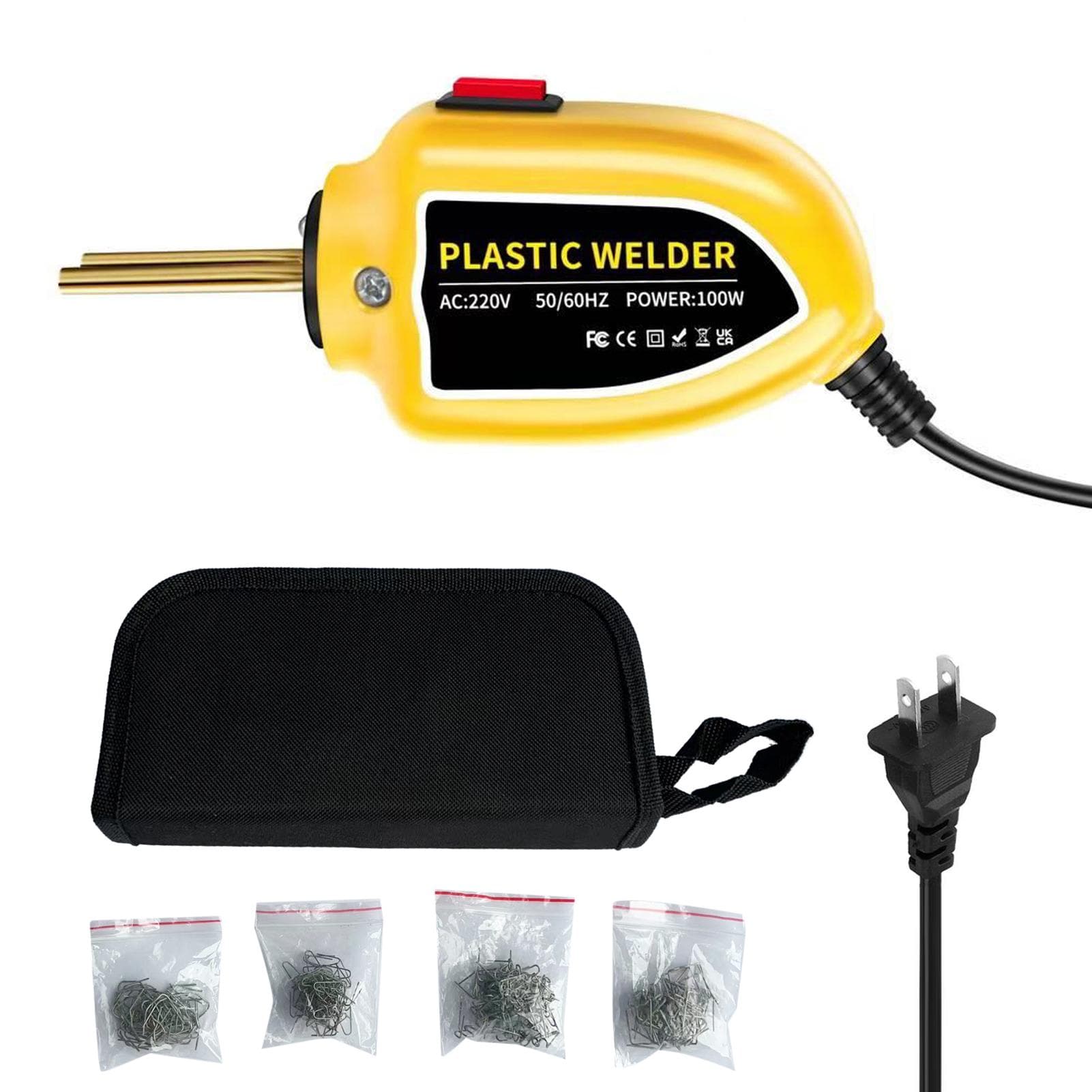 100W Plastic Welder,Hot Stapler Machine Car Bumper Repair Kit with Pliers, Knife, 200pcs FlatOuter US Plug yellow