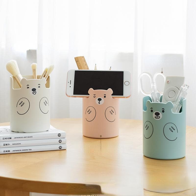 Kawaii Bear Pen Pencil Pot Holder Brush Storage Container Desk Organizer Multifunction phone holder Stationery Office Supplies blue