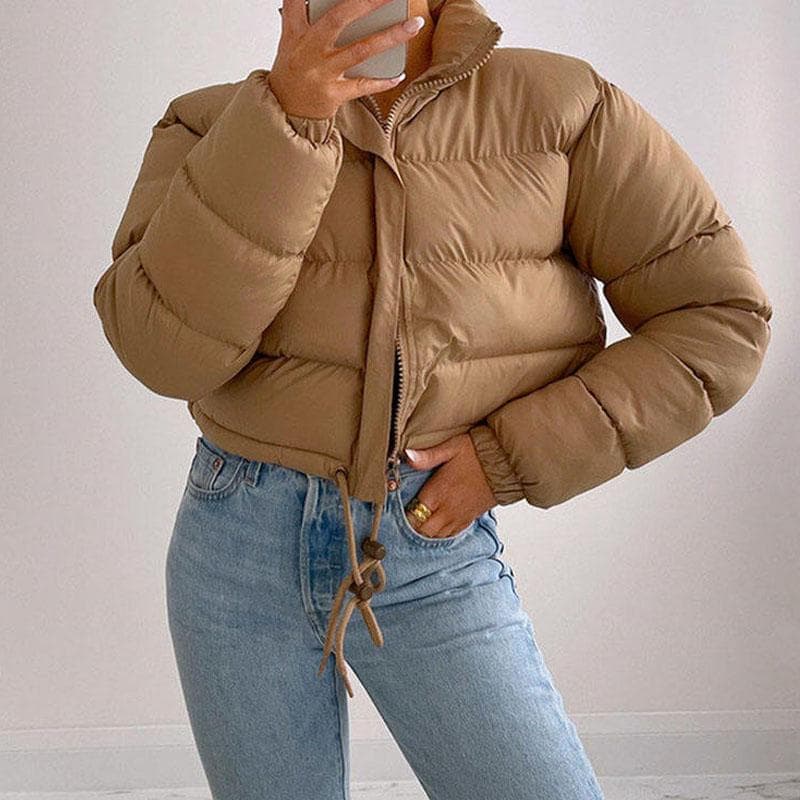 Winter Warm Stand Collar Long Sleeve Zipper Short Cotton Padded Jackets M khaki