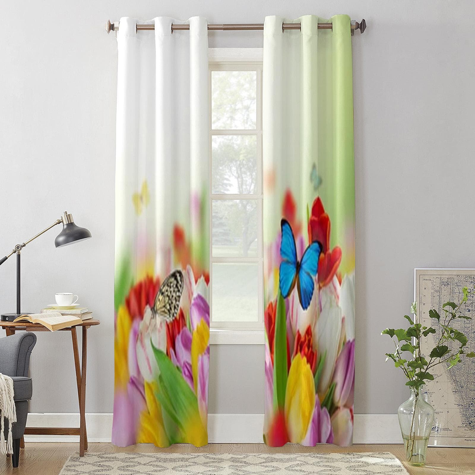 Beautiful Colorful Tulips Flowers Window Curtains For Living Room Bedroom Luxury Modern Kitchen Curtains Fabric Drapes 135W x 60H(cm) x1