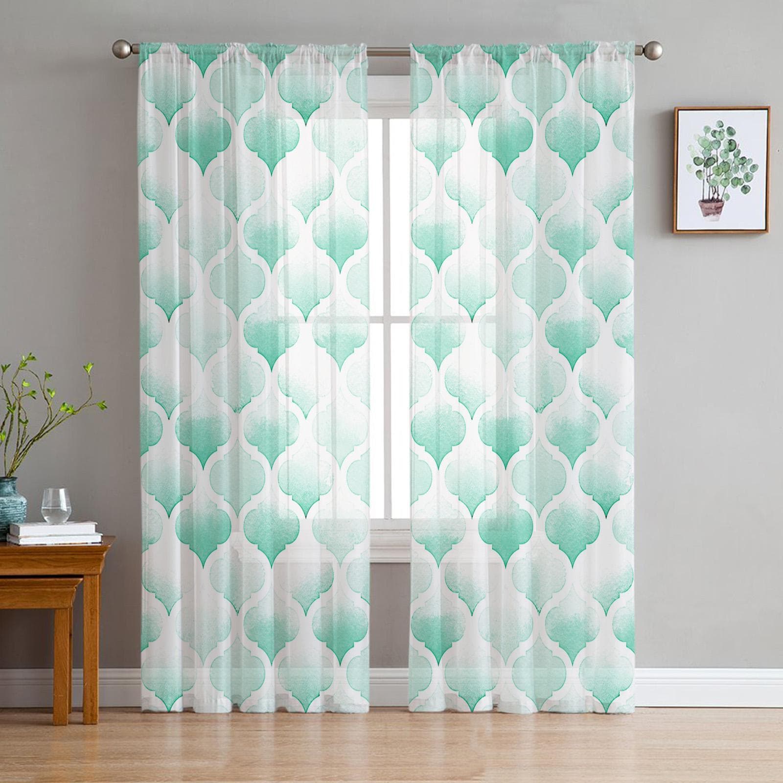 Watercolor Morocco Green Voile Sheer Curtains For Living Room Window Chiffon Tulle Curtain Kitchen Bedroom Drapes Home Decor 135W x 114H(cm)