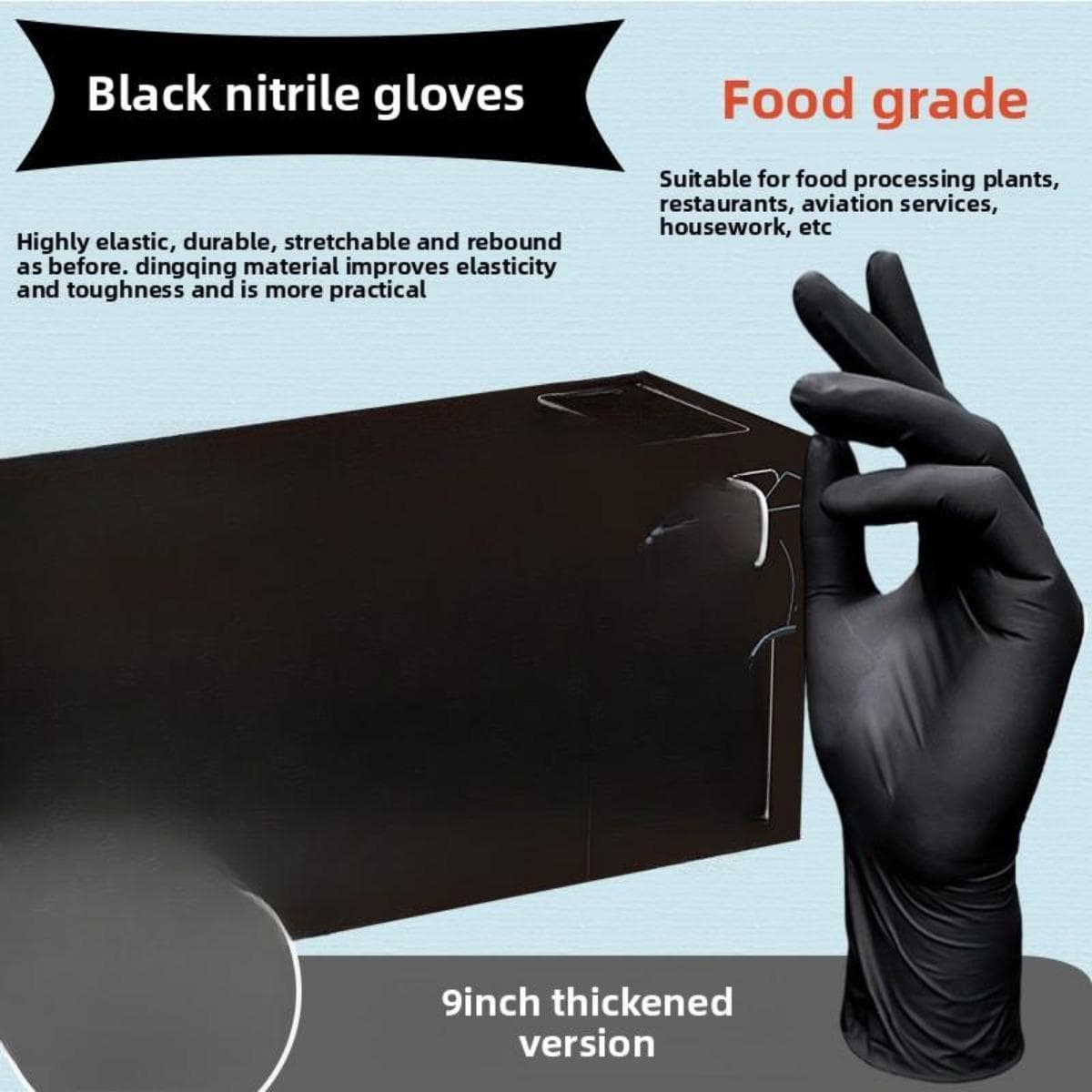 10/20/50/100 Disposable Nitrile Gloves, Waterproof, Latex Free, Powder Free, with Battery Glowing, Suitable for Household and Kitchen Cleaning S-50PCS black