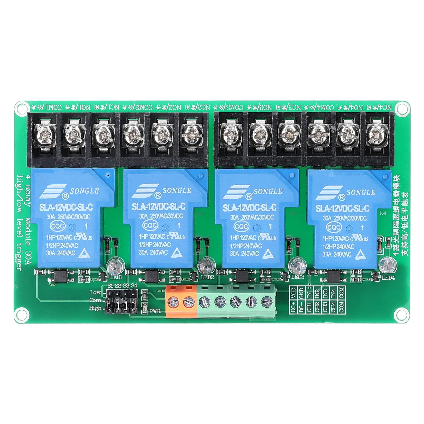 4 Channel Relay Module 30A Load Current with Optocoupler Isolation Supports High and Low Triger 5V 24V multicolour