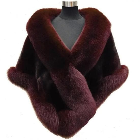 Thickened Warm Mink Fox Fluffy Cape Coat Solid Color Women Winter Faux Fur Shawl wine red