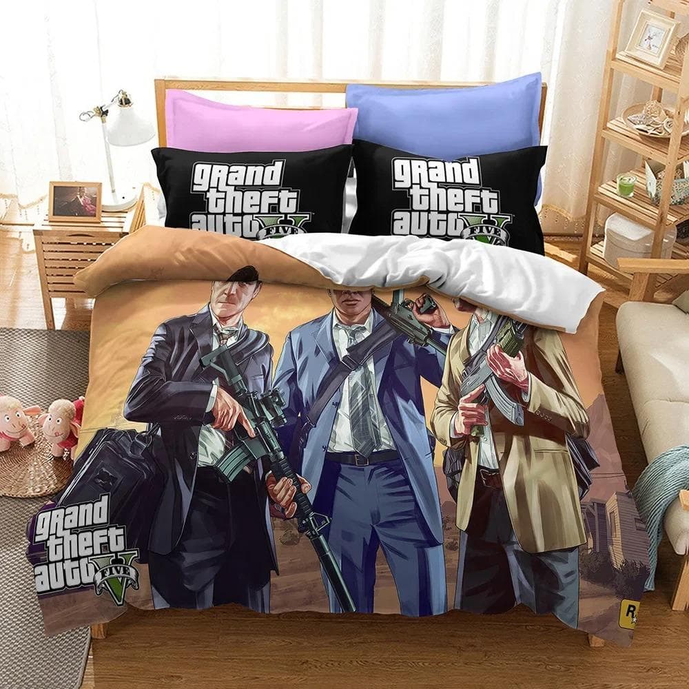 3D Cartoon Game Grand Theft Auto Duvet Cover with Pillow Cover Bedding Set Single Double Twin Full Queen King Bed Set Room Decor AU Single 140x210cm