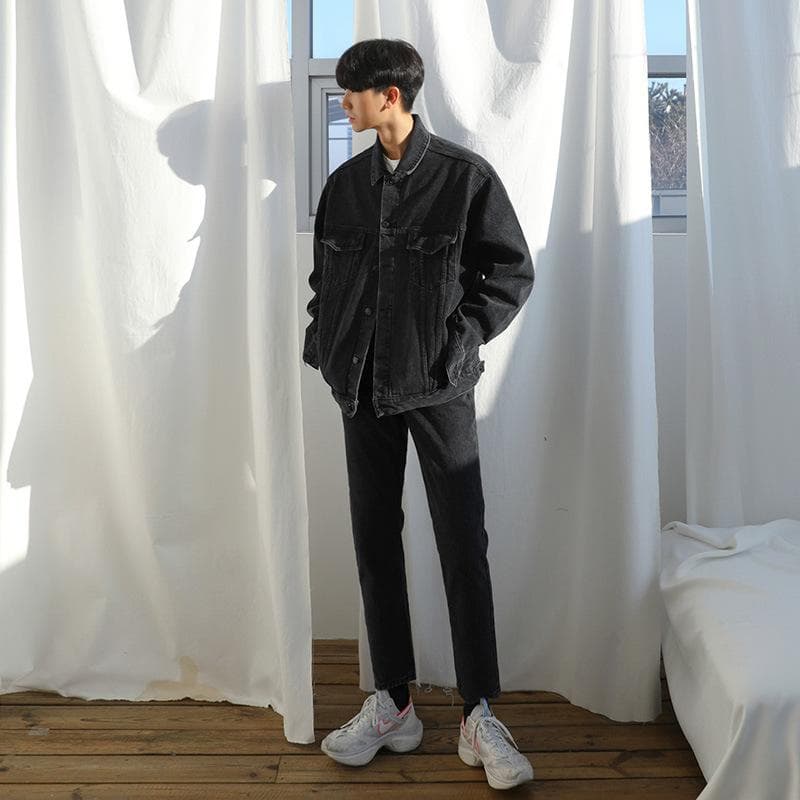 Washed Denim Jacket Men's Autumn Korean Style Trendy Versatile Lapel Collar Jacket Men's Autumn Tops 2XL black