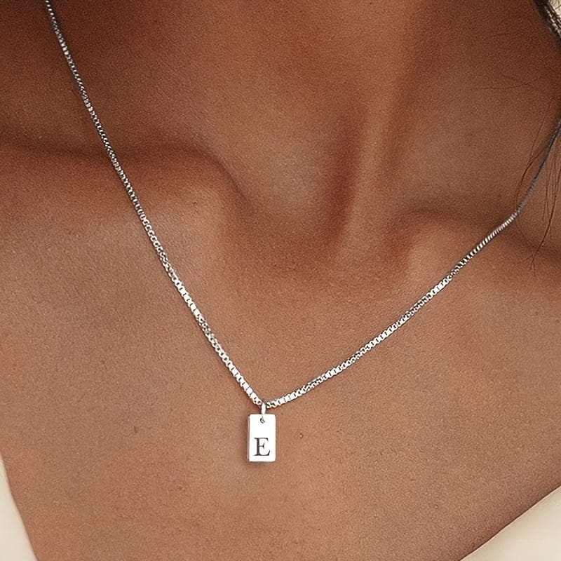 Tiny Square A-Z Alphabet Pendant Necklace for Women Clavicle Chain Stainless Steel Initial Letter Necklace Collar Jewelry E silver