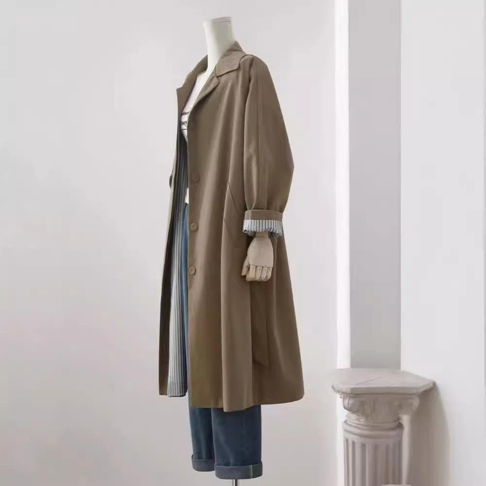 Women's Dark Khaki Long Windbreaker Women's Autumn New Single Breasted Jacket XL