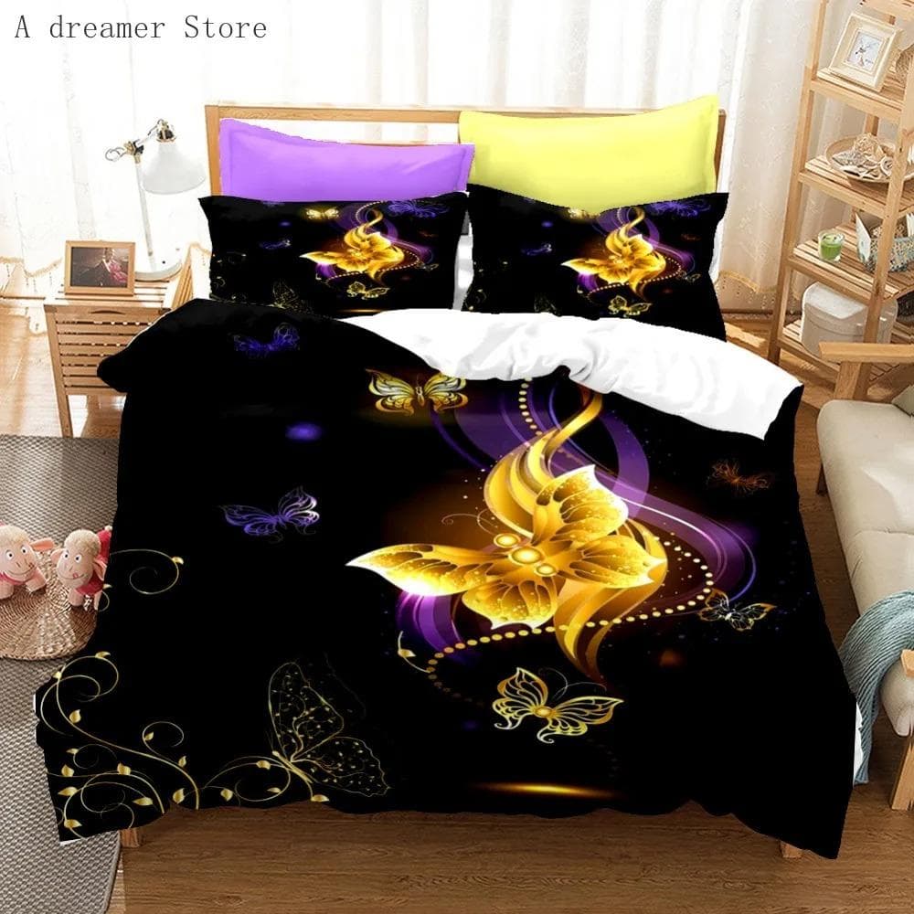 Gold Butterfly Bedding Set Luxury Black Duvet Cover 23Pcs Bedclothes 3d Printed Comforter Bedding Sets For Adults Cute Bed Set 70x133cm 2pcs