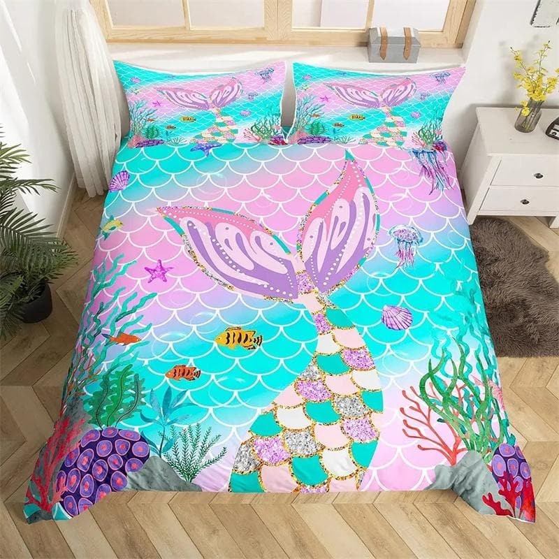 3D Print Mermaid Tail Bedding Set,Duvet Cover Comforter Bed Set Quilt Cover Pillowcase,King Queen Twin Size Boys Girls Adultse 140x200cm 2pcs