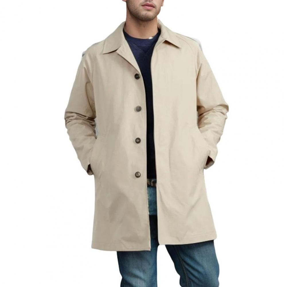 Men Windbreaker Lapel Long Sleeve Single Breasted Long Trench Coat with Pockets Solid Color Windproof Midi Coat S khaki