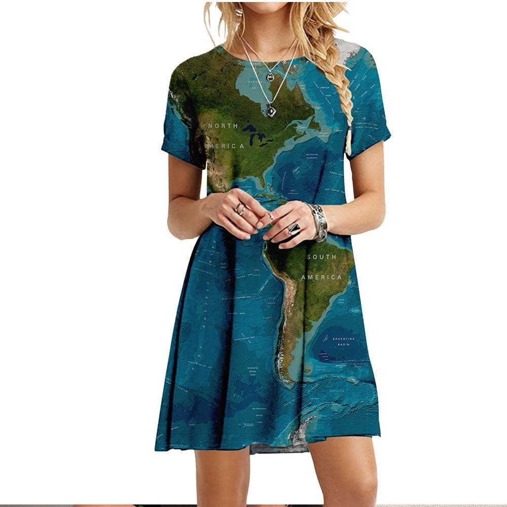 New Clothing For Summer Women World Map Dress Casual O-Neck Short Sleeve Loose Oversize Dress Fashion Ladies 3D Printed Dresses 6XL