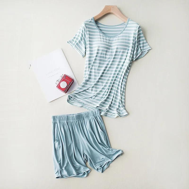 New Modal Lady Short Sleeve Pajamas Set with Bra Pad Bra One Piece Half Sleeve Shorts Striped Loose Large Size Home Wear Set XXL