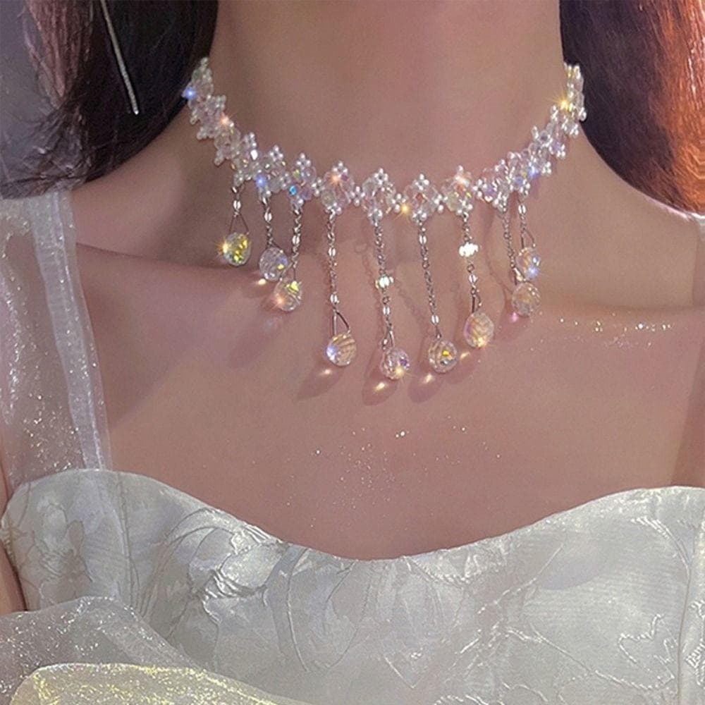 Long Tassel Shiny Crystal Choker Necklaces for Women Water Drop Crystal Pendant Necklaces Wedding Banquet Jewelry