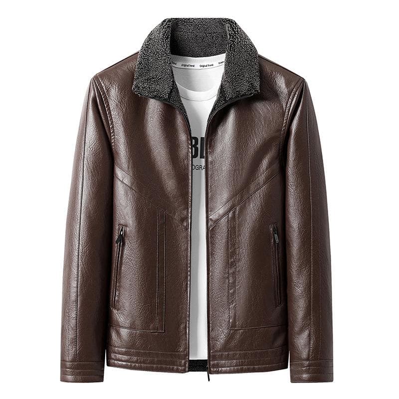 Men's Casual Jacket, Large Size Fat Leather Jacket, Winter Velvet Middle-aged and Elderly Dad's Fur Collar Jacket 4XL