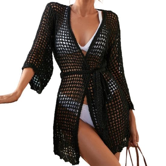 Swimsuit Cover Up Solid Color Knit Hollow Out Lightweight Swimwear Coat Swimming M black