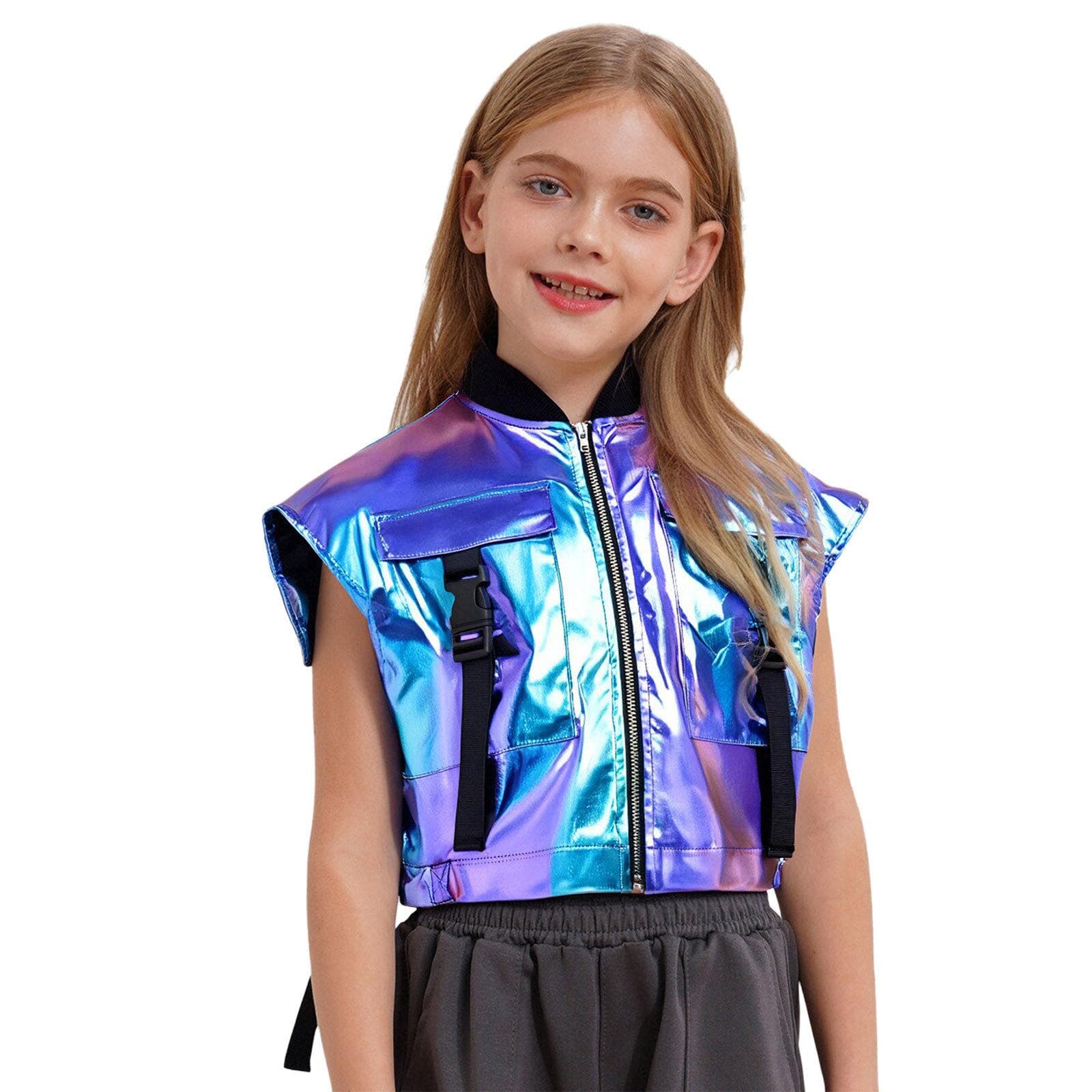 Kids Girls Jazz Dance Stage Vest: Sides Open Metallic Jacket with Zipper & Buckle Pockets, Sleeveless Performance Top 13-14 Years blue