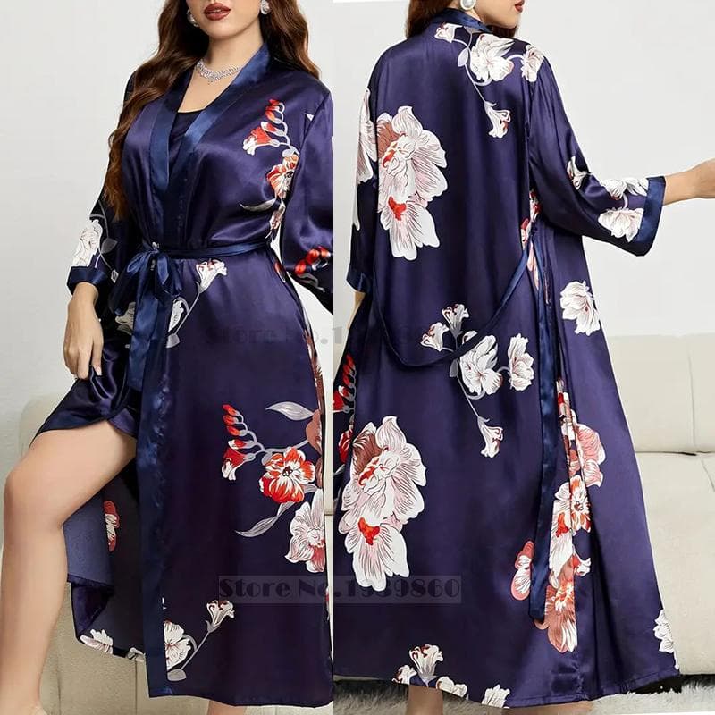 Women's Robe Set Printed Floral Kimono Bathrobe Robe Spring and Summer Satin Pajamas Nightgown Loose Home Clothes 5XL