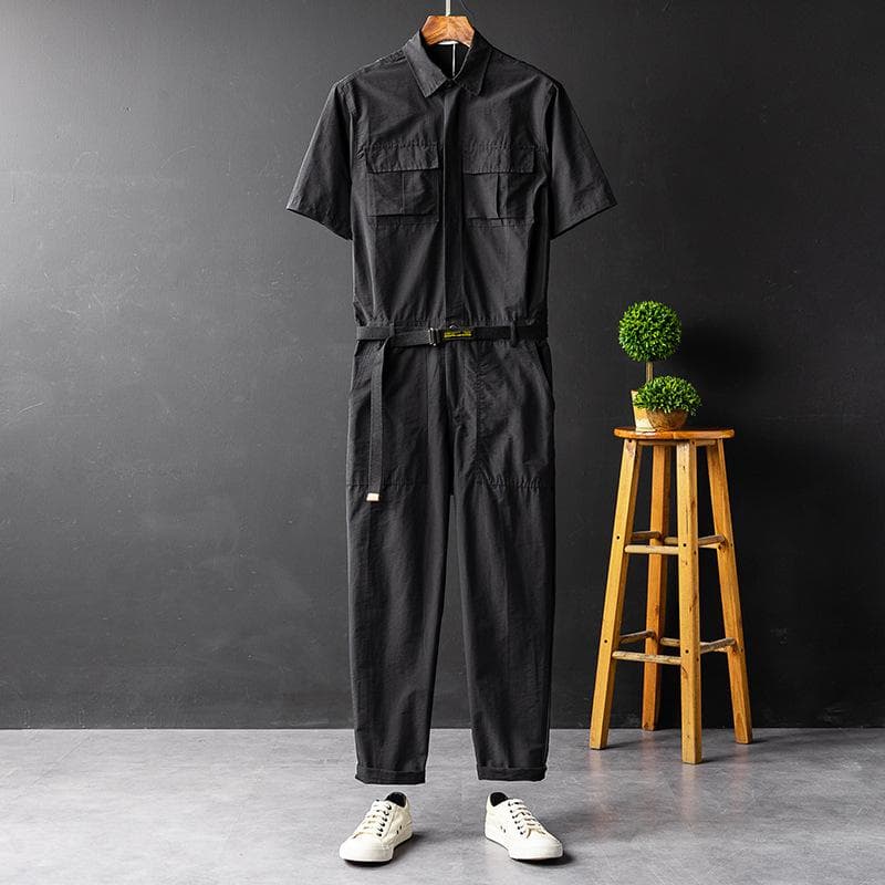 Large Size Men's and Women's Summer Fashion Casual Short Sleeve Jumpsuit M black