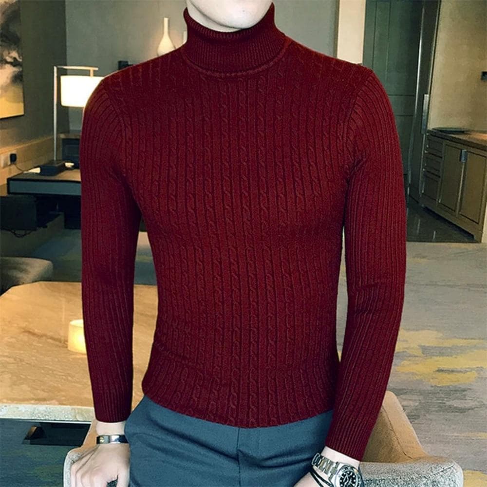 Autumn Winter Turtleneck Pullovers Warm Solid Color Men's Sweater Slim Pullover men Knitted sweater Bottoming Shirt Asia XL wine