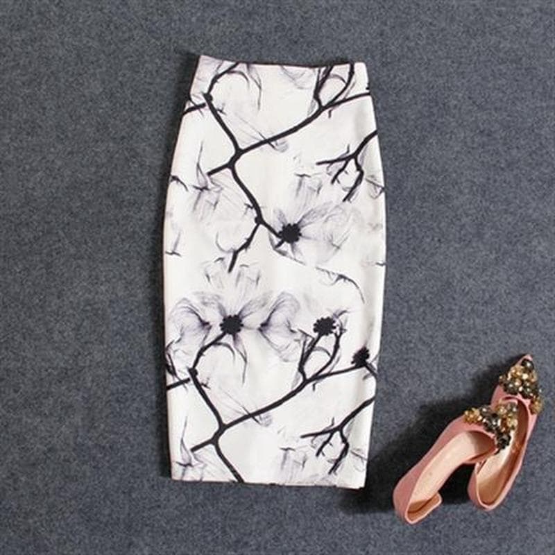 Summer Cartoon Print Elegant Pencil Skirt Women Bodycon High Waist Knee Length Skirt Female 2XL white