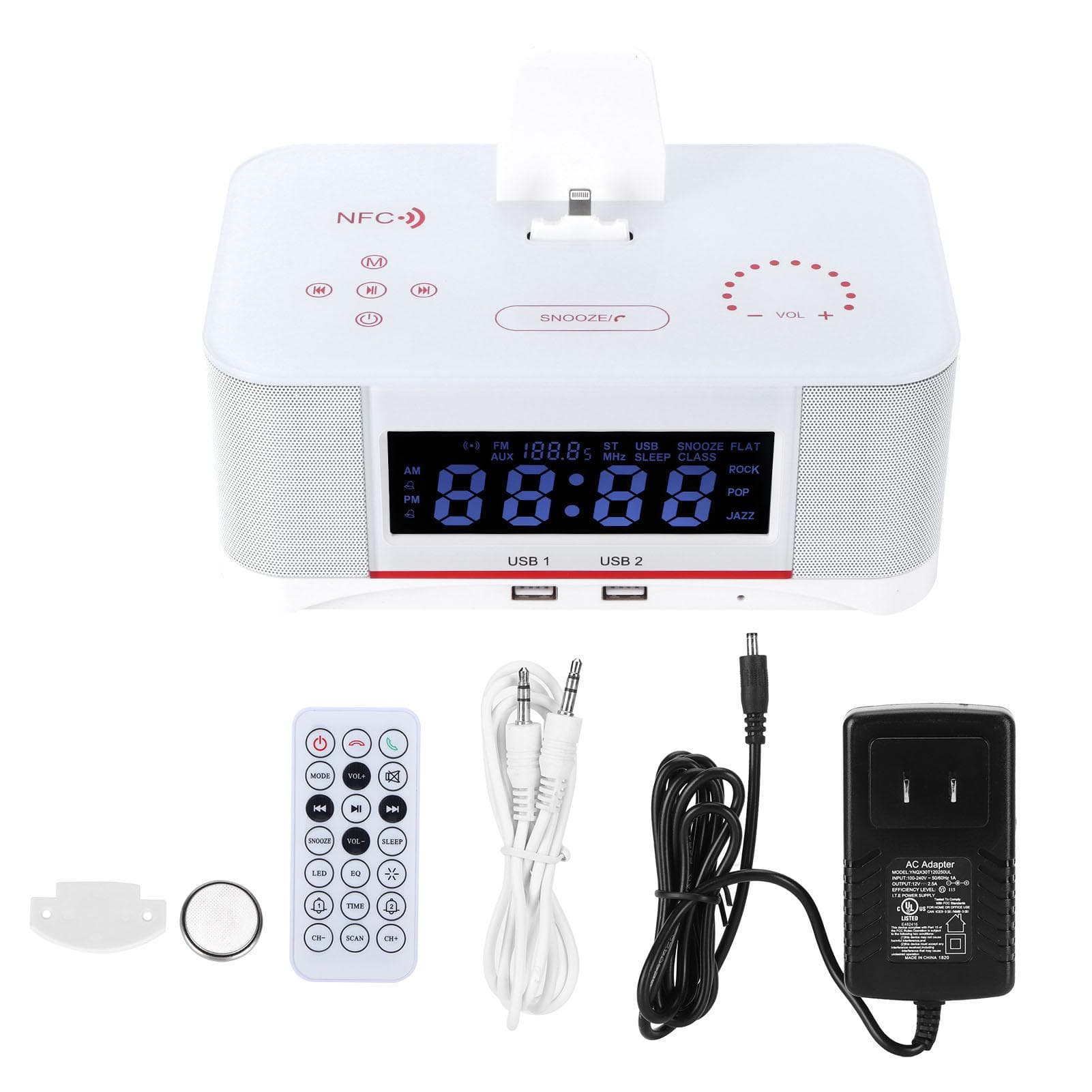 Alarm Clock Wireless Bluetooth Stereo Speaker with Remote Control White