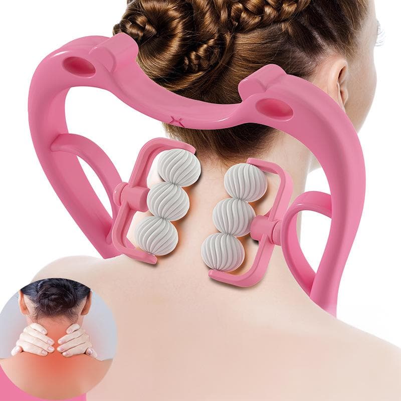 4/6 Rollers Manual Neck massager Shoulder Cervical Spine Kneading Massage Point Pressure Therapy for Body Relaxation Pain Relief Health Massage Tool pink