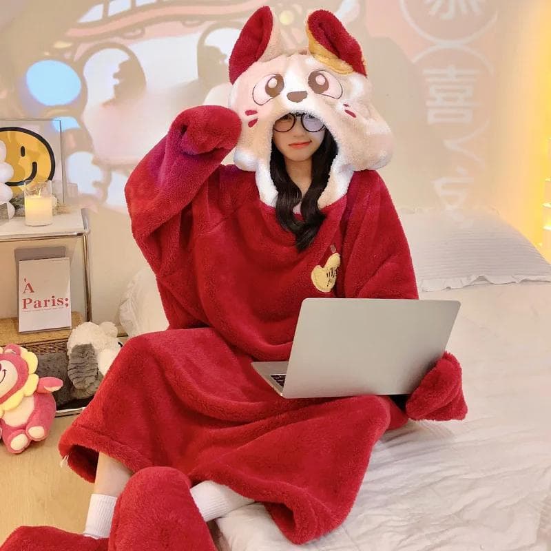 Winter Flannel Nightgown Hooded Warm Pajamas Bathrobe Kawaii Clothes Pajamas Extra Large Thickened Home Wear Korean Style Nightgown M