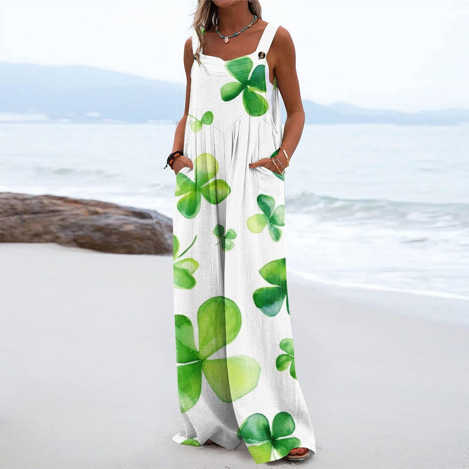 Wide Leg Overalls For Women Casual Loose Sleeveless Jumpsuits St. Patrick's Day Print Button Long Pant Romper Jumpsuit With Pockets S