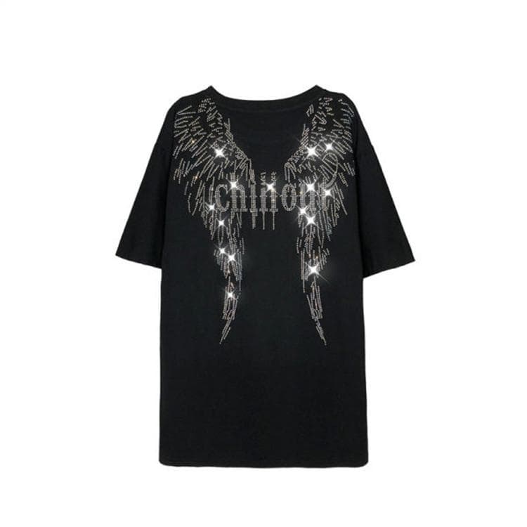 Heavy Industry Diamond Large Size T-shirt for Women In Spring and Summer Short Sleeve Loose Slimming Personalized Mid-Length Style M black