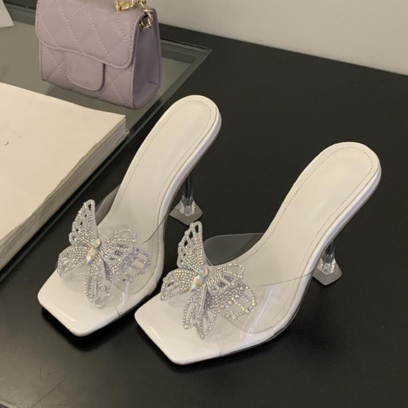 Liyke Strange Clear High Heels Modern Slippers For Woman Crystal Butterfly Designer Shoes Transparent Sandal Female Mules Slides 35 white