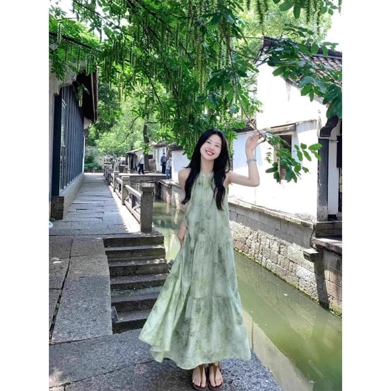 New Chinese Style Halter Neck Dress for Summer New Niche Design Seaside Vacation Green Smudge Skirt XL