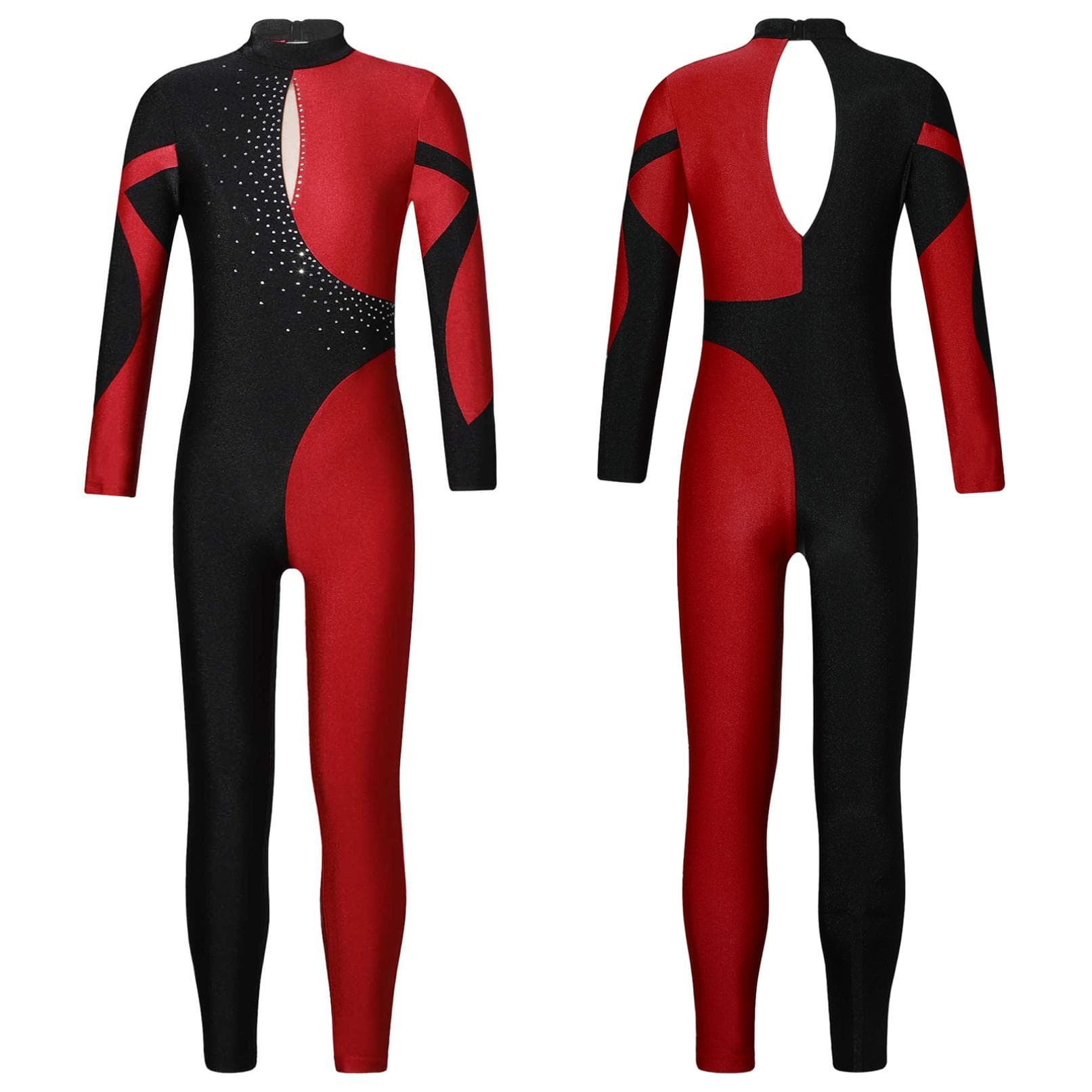 Gymnastics Jumpsuits Kids Shiny Rhinestone Ice Skating Bodysuit Girls Long Sleeve Ballet Dance Full Body Leotards Unitards 11-12 Years burgundy
