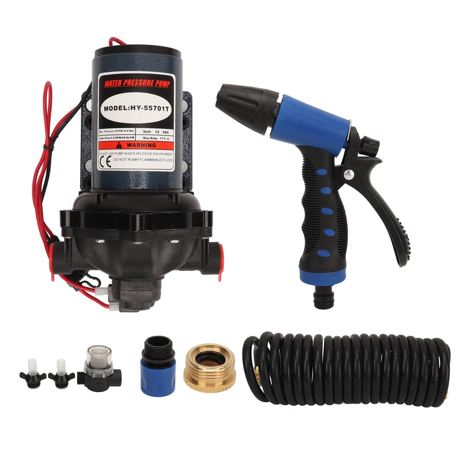 51 Series Washdown Pump Kit 12V DC 5.5GPM 70PSI High Water Pressure Pump with Spray Nozzle