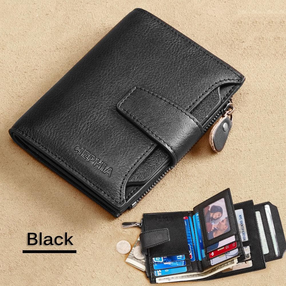 Men's Genuine Leather Wallet Vintage Short Multi Function Card Slots RFID Blocking Protection Zipper Coin Pocket Money Bags L black