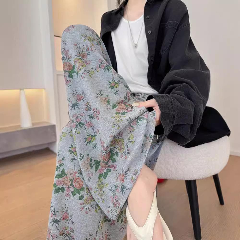 Grey Printed Wide-leg Pants Women's Pants Spring and Autumn New Retro Floral Straight-leg Pants Drape and Thin Casual Pants XL