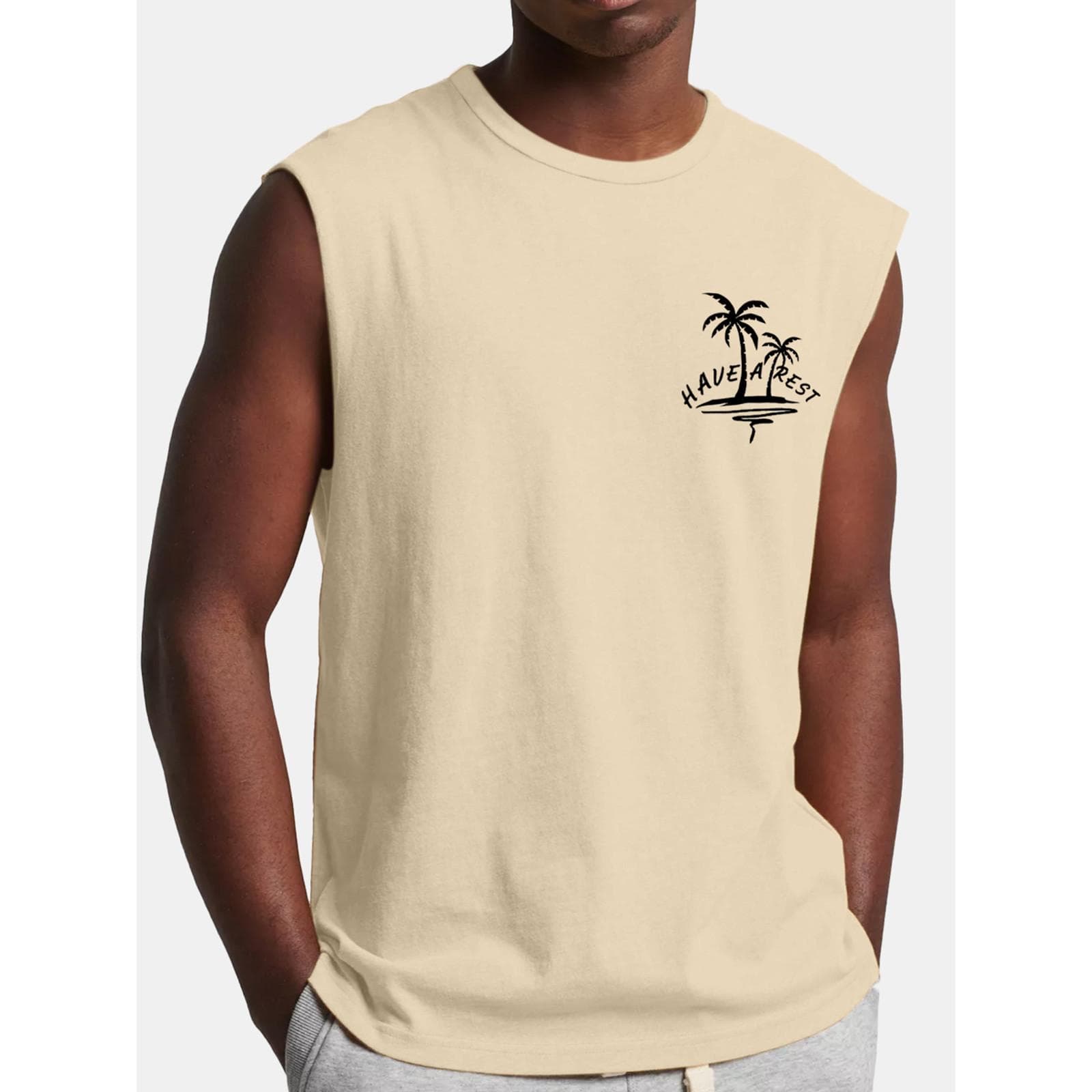 Mens Summer Surf Beach Tank Top Large Size Casual Breathable Sleeveless Top Loose Print Tank Top Man Shirt L beige