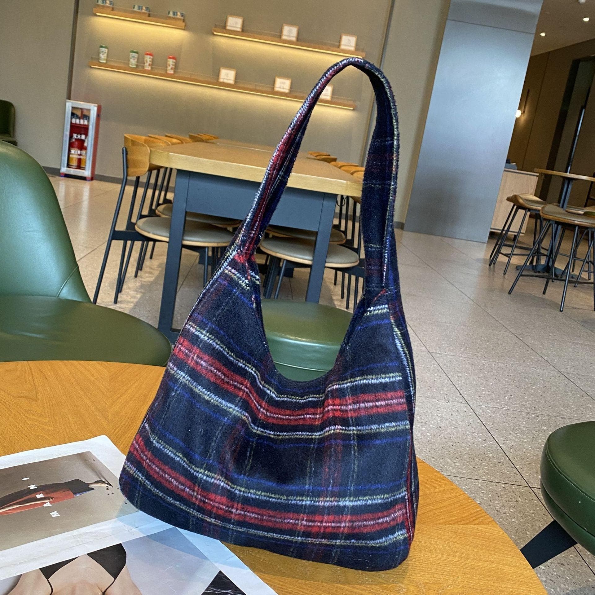 Versatile Crossbody Bag, Retro Woolen Checkered Tote Bag, School-style Large-capacity Bag blue