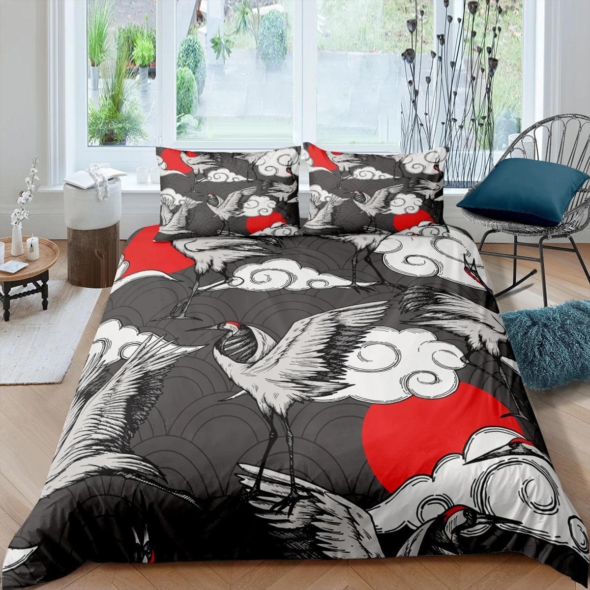 Japanese Crane Duvet Cover King Queen Size Wave Flower Ukiyo-e Style Bedding Set Eastern Culture 23pcs Polyester Quilt Cover AU Single 140x210cm