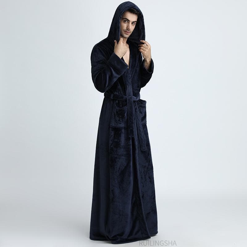 Lovers Extra Long Hooded Warm Flannel Bathrobe Winter Women Men Plus Size Thick Coral Fleece Bath Robe Bride Cozy Dressing Gown L