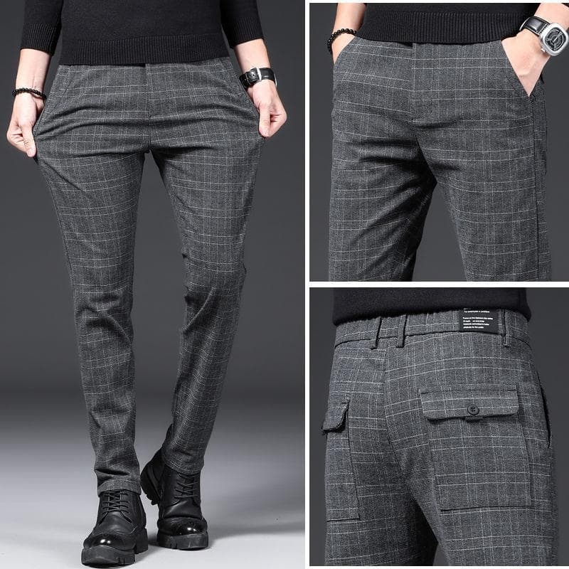 Autumn And Winter Men 'S Casual Pants Slim Fit Stretch Feet Men 'S Korean Style Trousers Plaid Plus Size Casual Long Pants 31 grey