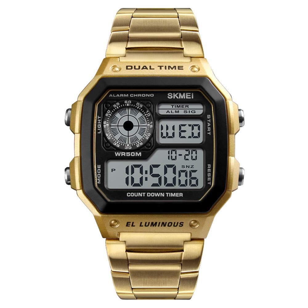 SKMEI Sport Stainless Steel Men Watch 5ATM Water-resistant Digital Backlight Man Wristwatch Male gold