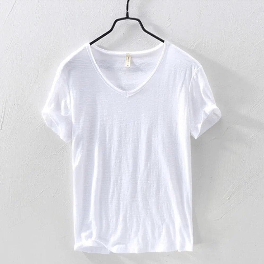 New Slim Fit Slub Cotton Pure Color V Collar Short Sleeved Tops Tees Men T-Shirt Multi-color Man T-Shirts Fitness EU L 70-80kg white