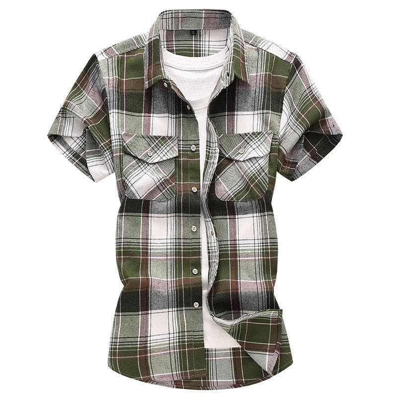 2023 Men's Plaid Casual Short Sleeve Shirt with Double Pockets - Summer Fashion, Large Size 7XL