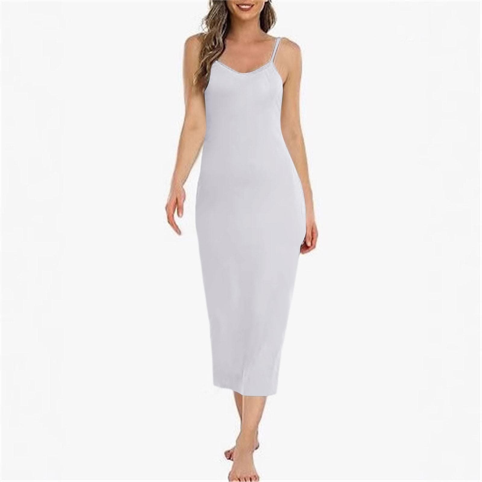Women Long Slip Dress Basic Adjustable Spaghetti Straps Cami Slip Dress Soft V Neck Nightgown Under Dresses S white