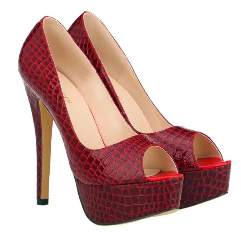 Women Sexy Pumps Shoes Peep Toe Platform High Heels New 14cm Crocodile Pattern Shallow Party Dress Work Ladies Red Wedding Shoes 40 red