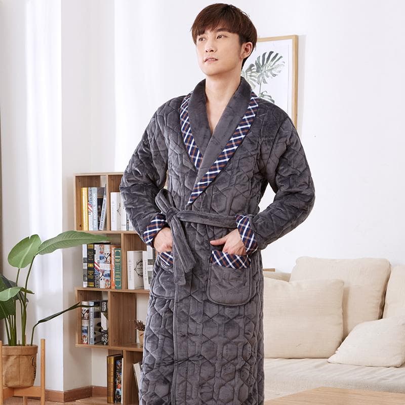 Thick 3 Layers Warm Winter Bathrobe Men Soft Flannel Quilted Long Kimono Bath Robe Male Dressing Gown for Mens Coral Fleece Robe 3XL